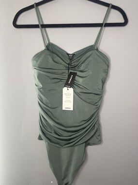 Express Body Contour Compression Ruched Bodysuit with Bra Cups in Pink